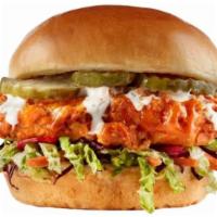 Nashville Hot Chicken Sandwich · hand-breaded chicken / Nashville hot sauce / slaw / pickled hot peppers / pickles / ranch / ...