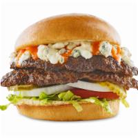 Buffalo Blue Burger · Double patty / hand-smashed / bleu cheese
crumbles / medium buffalo sauce / bleu
cheese dres...