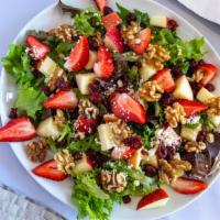 Berry Nuts Apple Fusion · Mixed greens, spinach, apple, walnuts, dried cranberries, strawberries and feta cheese in ra...