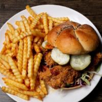 Spicy Crispy Organic Chicken Sandwich & Fries · Fried organic chicken breast, shaved cabbage, cerano chile, pickles and diablo sauce.