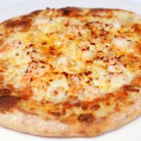 Spicy Shrimp Pizza · Wild shrimp, garlic, red pepper flakes, mozzarella, organic pizza sauce