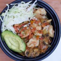 Shrimp Fajitas Bowl · Sautéed wild shrimp, onions, Tomato & Shaved cabbage. Choose your base & a side.