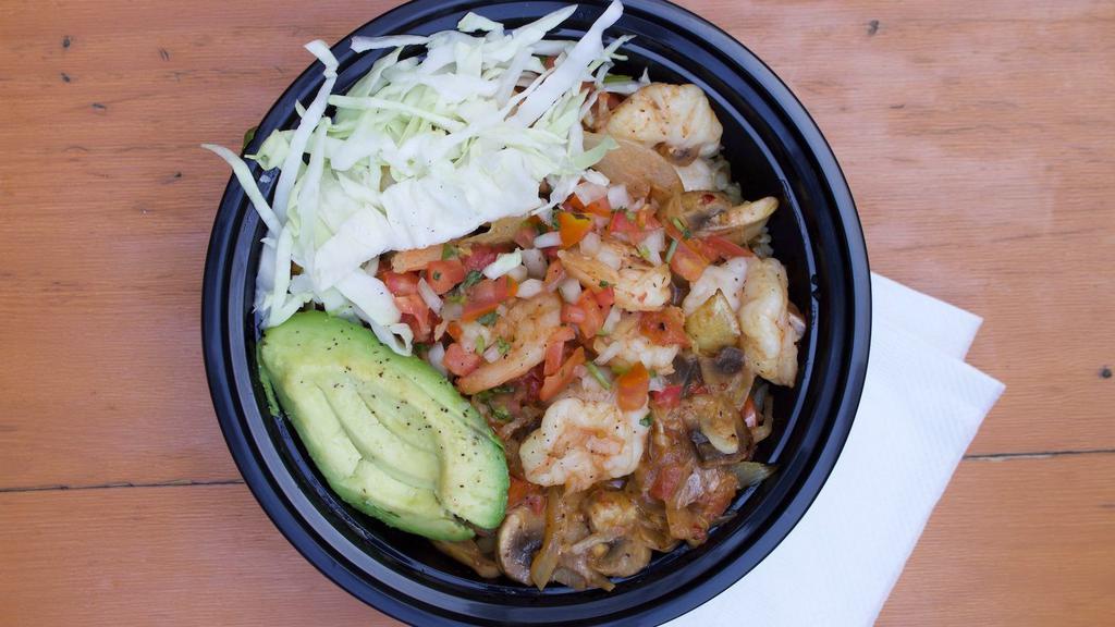 Shrimp Fajitas Bowl · Sautéed wild shrimp, onions, Tomato & Shaved cabbage. Choose your base & a side.