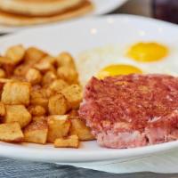 Corned Beef Hash & Eggs · 2 eggs, hash brown or red potato, toast or 2 buttermilk pancakes