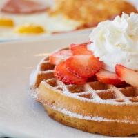 Waffle Combo · 2 eggs, hash browns or red potato, bacon, sausage or ham.