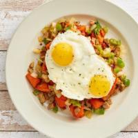 Keto Breakfast Hash · Diced bacon, sausage, or ham, onions, bell peppers, arugula, topped with 2 eggs any style. S...