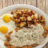 Country Fried Steak · Mouthwatering cube steak tenderized and pan-fried. Served with 2 eggs, crispy country potato...