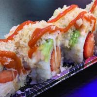 Pink Lady Roll(8Pcs) · IN: Strawberry, Crab Meat TOP: Baked Salmon, Red Snapper, Avocado.