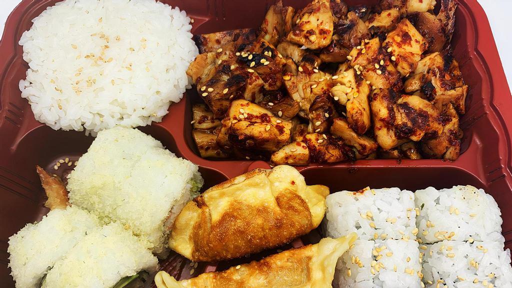 Box H: Spicy Chicken Box · Spicy teriyaki chicken, California roll (4 pcs), crunch roll (4 pcs), gyoza (2 pcs), rice.