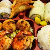 Box M: Grilled Scallop& Shrimp Bento Box · Crunch Roll(4pcs)California Roll(4pcs)  Shrimp(3pcs),Scallop(3pcs) Gyoza(2pcs)Miso Soup, Rice