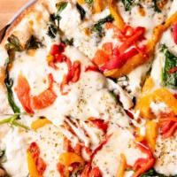 Bianco · No tomato sauce, spinach & onion sautéed in olive oil & garlic, topped w/ roasted peppers, r...