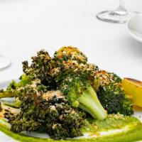 Grilled Broccoli And Broccolini · Vegan. Garlic Confit, Chili Flakes, Broccoli Purée.