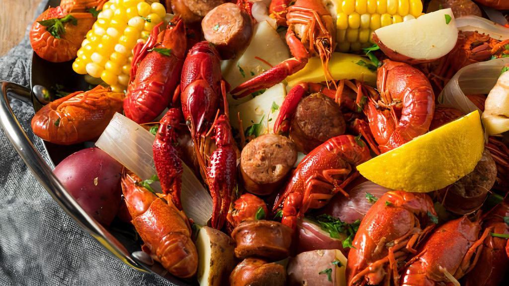 Seafood Combo #2 · Enough for an average of a pound of seafood per person, this combination suits 4 individuals.  Includes 4pc sausage, 4 pc corn, & 4pc potato. Our seafood comes with a made to order sauce and spice level of your choice. 20% Savings!