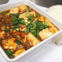 Mapo Tofu Plated Rice (Spicy) · One of the most popular classic Sichuan dishes. It has a spicy, pungent, and appetizing flav...