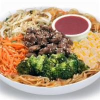 Heart & Seoul Noodle Bowl · Savory noodles and steak with sweet & crunchy vegetables, finished with traditional spicy Ko...
