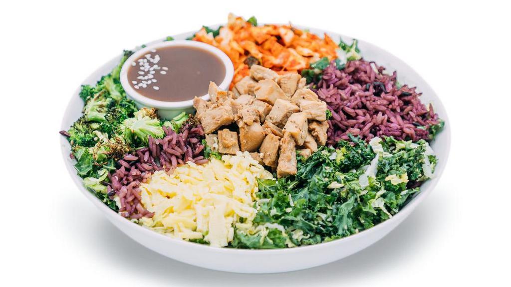 Super Greens & Grains · Light, filling and focused on your well-being, this subtly sweet bowl gives you fuel for your day .  Marinated chicken, purple rice, broccoli, kale, kimchi and egg over your choice of salad base, finished with your choice of sauce.