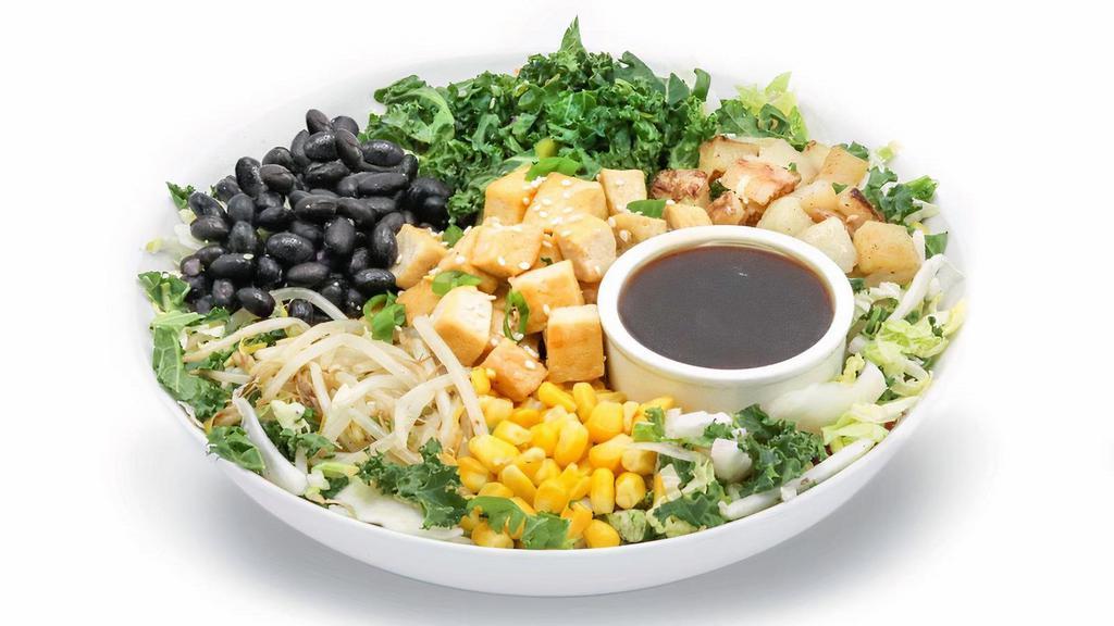 Plant Based Power Bowl · A vegetable based, protein packed bowl that gives you plant power to get through your day.  Tofu with potatoes, black beans, sprouts, kale and corn over salad base, finished with teriyaki sauce. (Vegan)