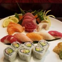 Sushi & Sashimi Combo · Assorted 5 sushi, 12 sashimi, and a California roll.