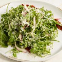 Arugula Salad · Roasted tomato, red onion, Parmesan, and balsamic vinaigrette.