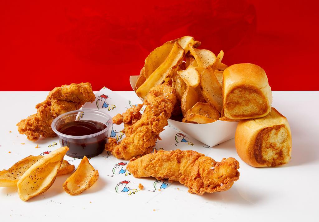 The 3-Piece Byo Combo Bucket · 3 hand breaded chicken tenders dusted with a seasoning of your choice. Side of dipper fries with seasoning of your choice, 2 buttered rolls, choice of dipping sauce or honey drizzle, and classic ketchup