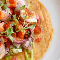 Ceviche Mixto · Local rock fish, Mexican octopus & wild Mexican shrimp. Served with tostada, salsa roja & av...