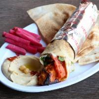 Chicken Kebab Wrap R · Chicken breast cubes, lettuce, tomatoes, garlic paste spread & a side pick.