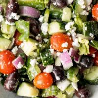 Greek Salad · Hearts of romaine, iceberg lettuce, fresh sliced tomatoes, kalamata olives, red onions, slic...