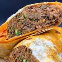 Birria Burrito · Birria, cilantro, onion, rice, and beans.