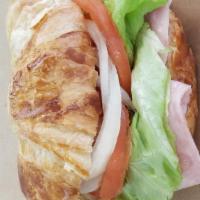 Croissant Ham Sandwich With Lettuce, Tomato · Ham, cheese, lettuce, tomato, onion, pickle, mustard, mayo. Can add jalapeno.