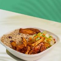 Jerk Tofu & Pineapples Box · Tofu is seasoned with our jerk marinade and baked. Served with your choice of Rice, Salad an...
