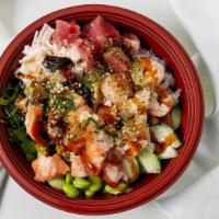 Regular Poke Bowl (3 Proteins) · Three servings of protein over your choice of toppings, sauce and seasonings
