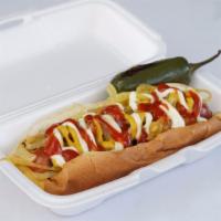 Bacon Hot Dog · Bread, weenie, grilled onions, Ketchup, Mayo, Mustard.
