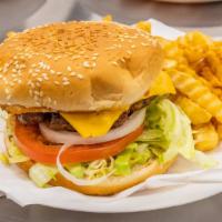 Classic Burger With Fries · Patty, cheese, lettuce, tomato, onions, pickles, ketchup, mustard, and mayonnaise with a sid...