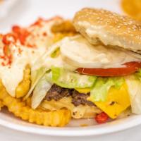 Single Valley Burger Combo · Patty, Lettuce, Tomato, Onion, Pickles, and Valley Sauce with a side of fries and a drink.