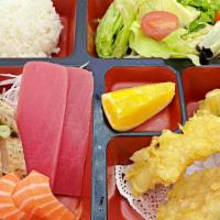 Assorted Tempura & Assorted Sashimi · 2 pcs sashimi: tuna, salmon, albacore.