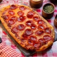 Pepperoni Pizza · home made organic pizza sauce, pepperoni + mozzarella on our artisan, hand pulled, neapolita...