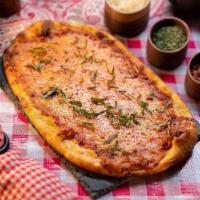No Pepperoni Pizza · homemade organic pizza sauce, mozzarella, organic basil on our artisan, hand pulled, neapoli...