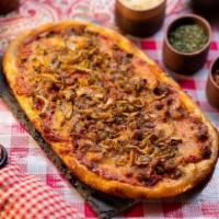 Sausage + Fennel Pizza · hormone + antibiotic free sausage, roasted fennel, organic pizza sauce, mozzarella on our ar...
