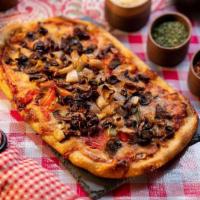 Veggie Pizza · homemade organic pizza sauce, seasonal vegetables with mozzarella, organic basil on our arti...
