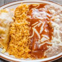 Crispy Beef Taco And Cheese Enchilada · Served with rice and beans.