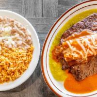 Carne Asada · Topped with cheese enchilada. Served with rice, beans, and choice of tortillas.
