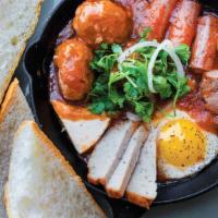 Banh Mi Chao · Banh Mi Chao: xiu mai, pâté, fish cake, sausages, cheese wedge, sunny-side-up egg