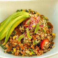 Quinoa Bowl · Vegan bowl with a red and white quinoa, sunflower seeds, black beans & grilled corn salsa, c...