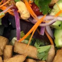 Soy Salad · Soy protein with lime dressing, tomato, cucumber, red onion,  carrot, scallion, cilantro, ca...