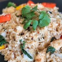 Spicy Basil Fried Rice · Chili, garlic, Thai basil, white onion, and bell pepper, garnish with cucumber