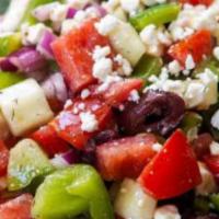Greek Salad · Romaine lettuce, tomato, cucumber, olive, chopped pepperoncini, feta cheese and vinegar dres...