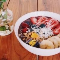 Acai Bowl · Acai, cacao powder, banana, almond butter, almond milk, granola, shredded coconut, seasonal ...