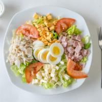 Chef'S Salad · Crispy green salad with ham, turkey, two kinds of cheese, bowl of peach and boiled egg.