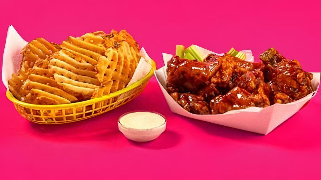 10 Pc. Wing Combo · 10 Classic Bone-In or Boneless wings with choice of 1 flavors, choice of fries, celery sticks, 1 dipping sauce and a drink.