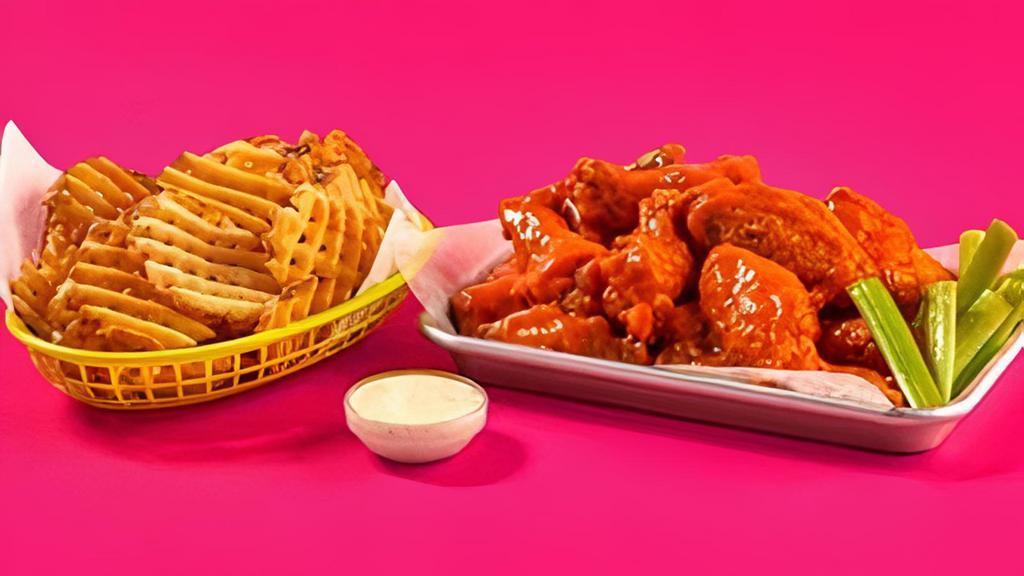 15 Pc. Meal For Two · 15 Classic Bone-In or Boneless wings with choice of 2 flavors, choice of fries, celery sticks and 2 dipping sauces.